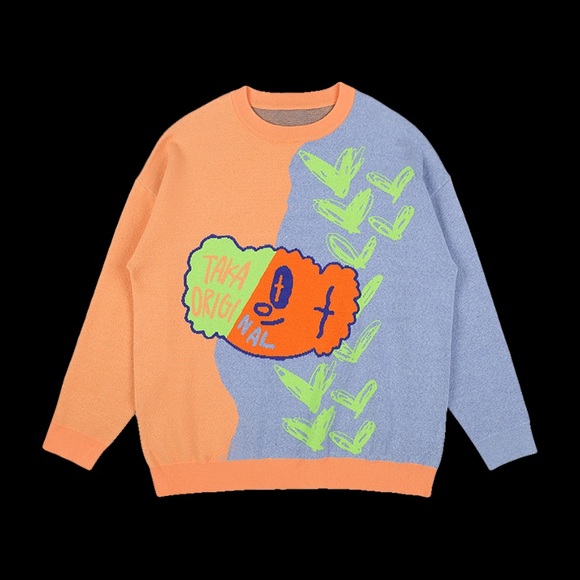 TAKA ORIGINAL Orange & Purple Neon Green Unisex Knit Jumper Sweater Casual Sz L - Picture 2 of 15